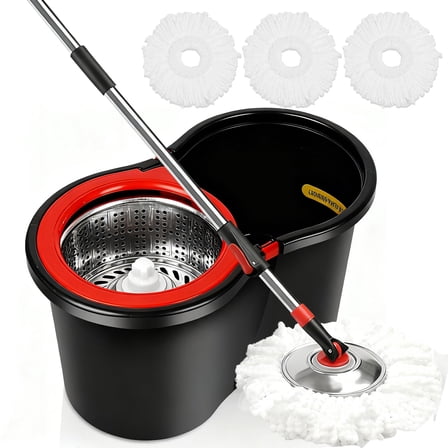 Spin Mop and Bucket with Wringer Set, 360°Rotating Head Mop Bucket System, 3 Replacement Mop Heads for Floor Cleaning (Black & Red)
