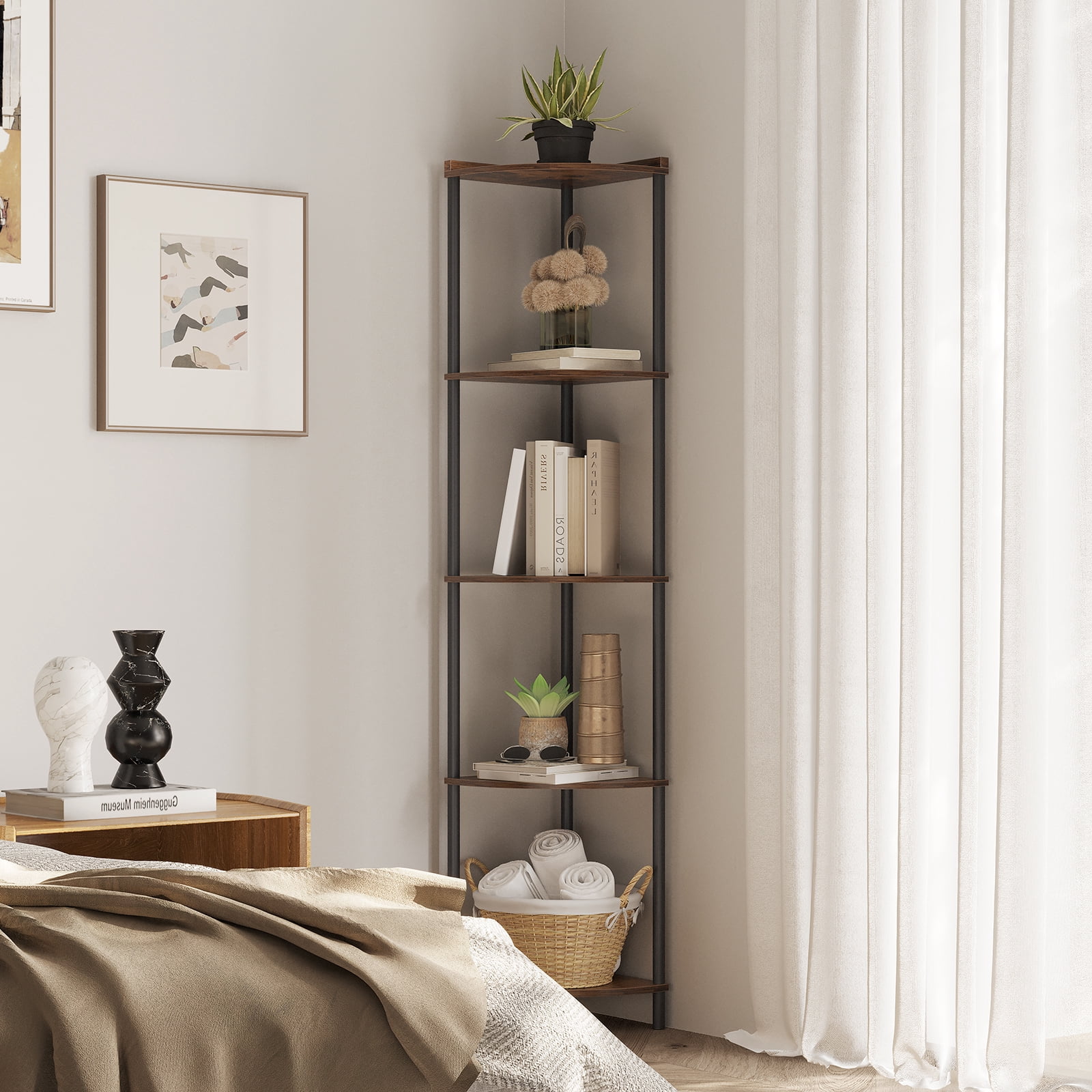 SUNMORY 65" Corner Shelf Stand, 5-Tier Industrial Corner Shelves, Wall Corner Bookshelf, Display Shelf Tall Shelf Plant Stand for Bedroom, Bathroom, Living Room, Corridor