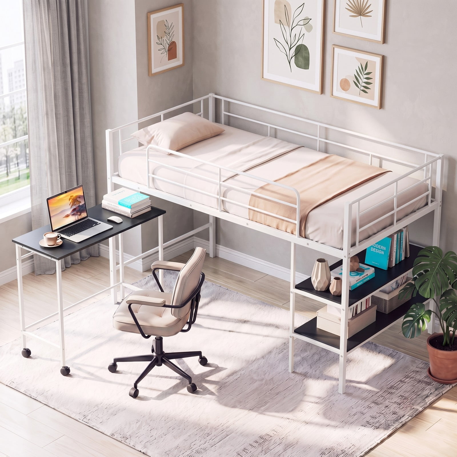 Furnibear Twin Size Loft Bed with Rolling Desk and Bookshelf for Home Office Bedroom, Space-Saving Metal Loft Bed Frame with Ladder, White
