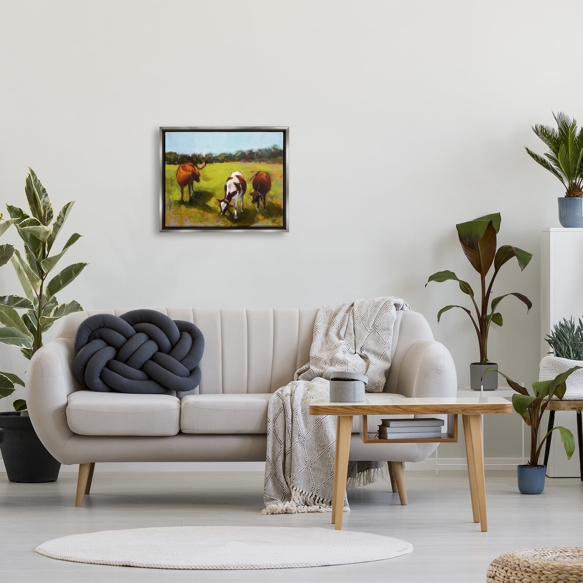 Stupell Industries Cattle in Countryside Painting Animals & Insects Painting Gray Floater Framed Art Print Wall Art, 21 x 17