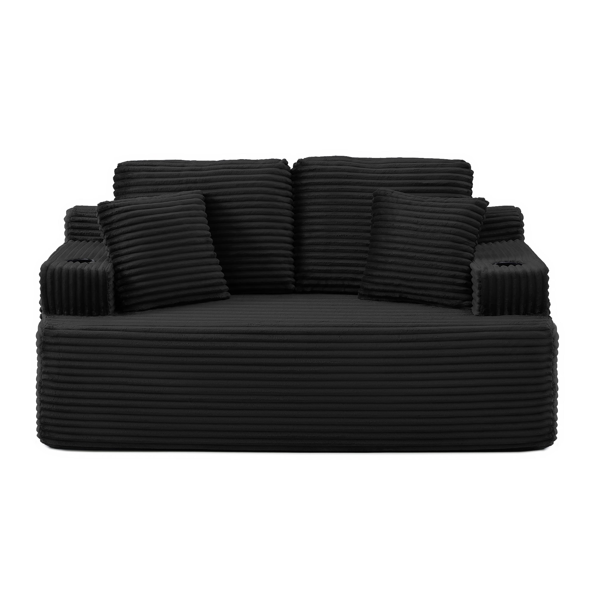 Boneless Loveseat, 2-Seater Floor Couch with Cup Holders and Side Pockets, Corduroy Fabric No Assembly Sofa for Small Space or Apartment, 66.5 Inch, Black