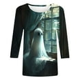 thumbnail image 3 of Babysbule Womens Tops Long Sleeve Women's Fashion Ghost Printed Loose T-shirt 3/4 Sleeves Blouse Round Neck Casual Tops, 3 of 5