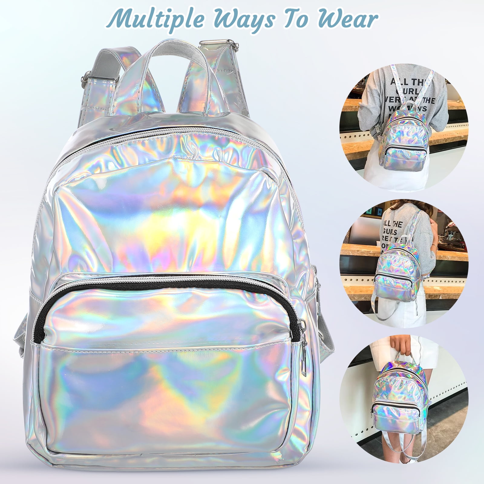Eease Chic Holographic Backpack Hologram School Shoulder Bag Satchel for Girls Grey