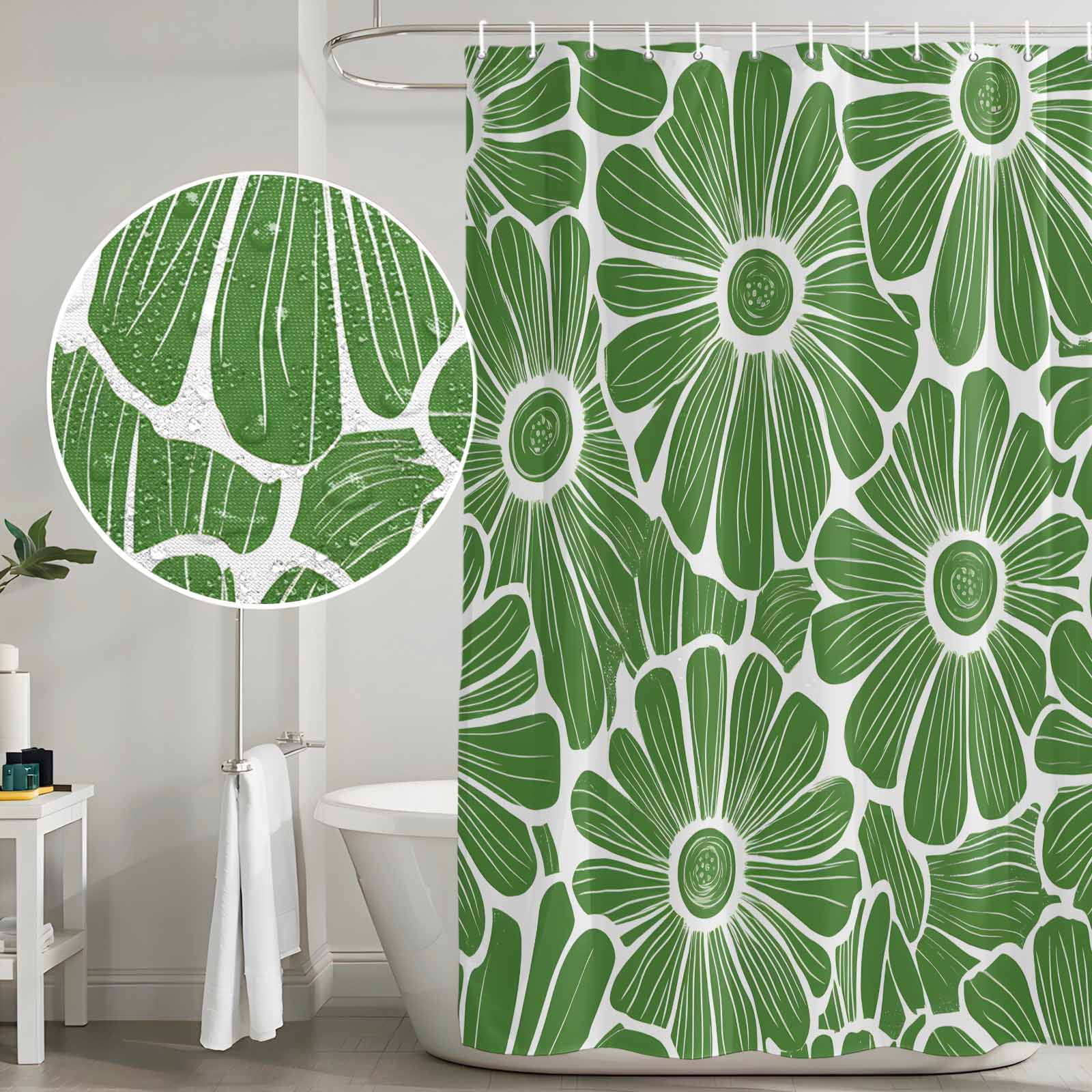 Green Spring Floral Waterproof Fabric Shower Curtain,Pastoral Flower Abstract Waterproof Fabric Shower Curtain for Bathroom Curtains Bathtubs Hotel Shower Curtains with 12 Hooks Small 36x72in