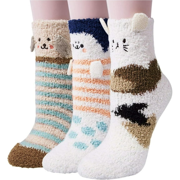 PUMIER 3 Pairs Womens Fuzzy Socks Winter Warm Fluffy Soft Slipper Home Sleeping Cute Animal Socks Christmas Socks