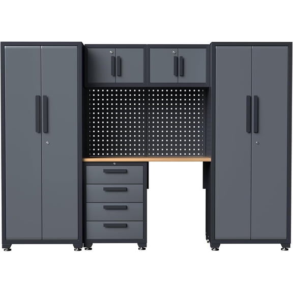 HPDMC 8-Piece Garage Storage Cabinet System - Heavy Duty Steel Workshop Organizer with 4-Drawer Roller Cabinet, Workbench & Pegboard - Black & Red