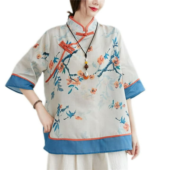 YM YOUMU Women 3/4 Sleeves Chinese Ethnic Shirt Stand Up Frog Button Traditional Floral Printed Cheongsam Blouse
