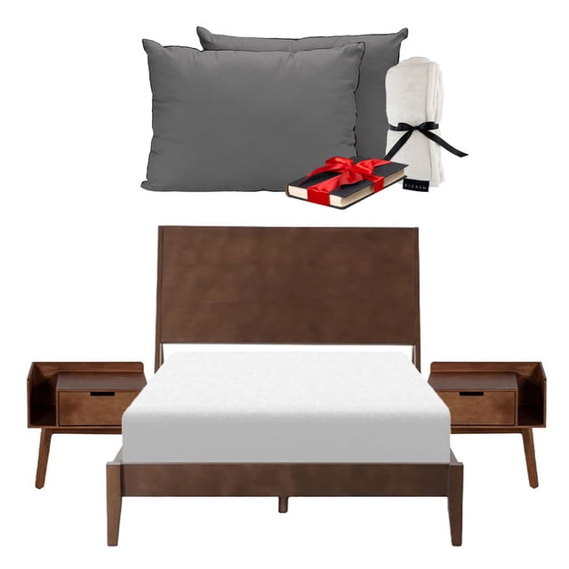 Recámara Nogal con Cabecera + Base Cama King Size + 2 Buros + Almohada 2Pack + Frazada