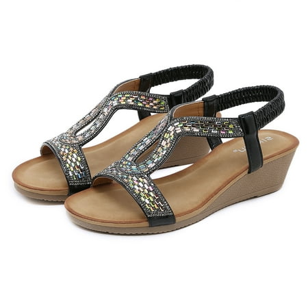 

Cathalem Womens Leather Thong Sandals Size 10 Women Summer Elastic Band Rhinestones Casual Open Toe Womens Hiking Sandals Wide Black 9