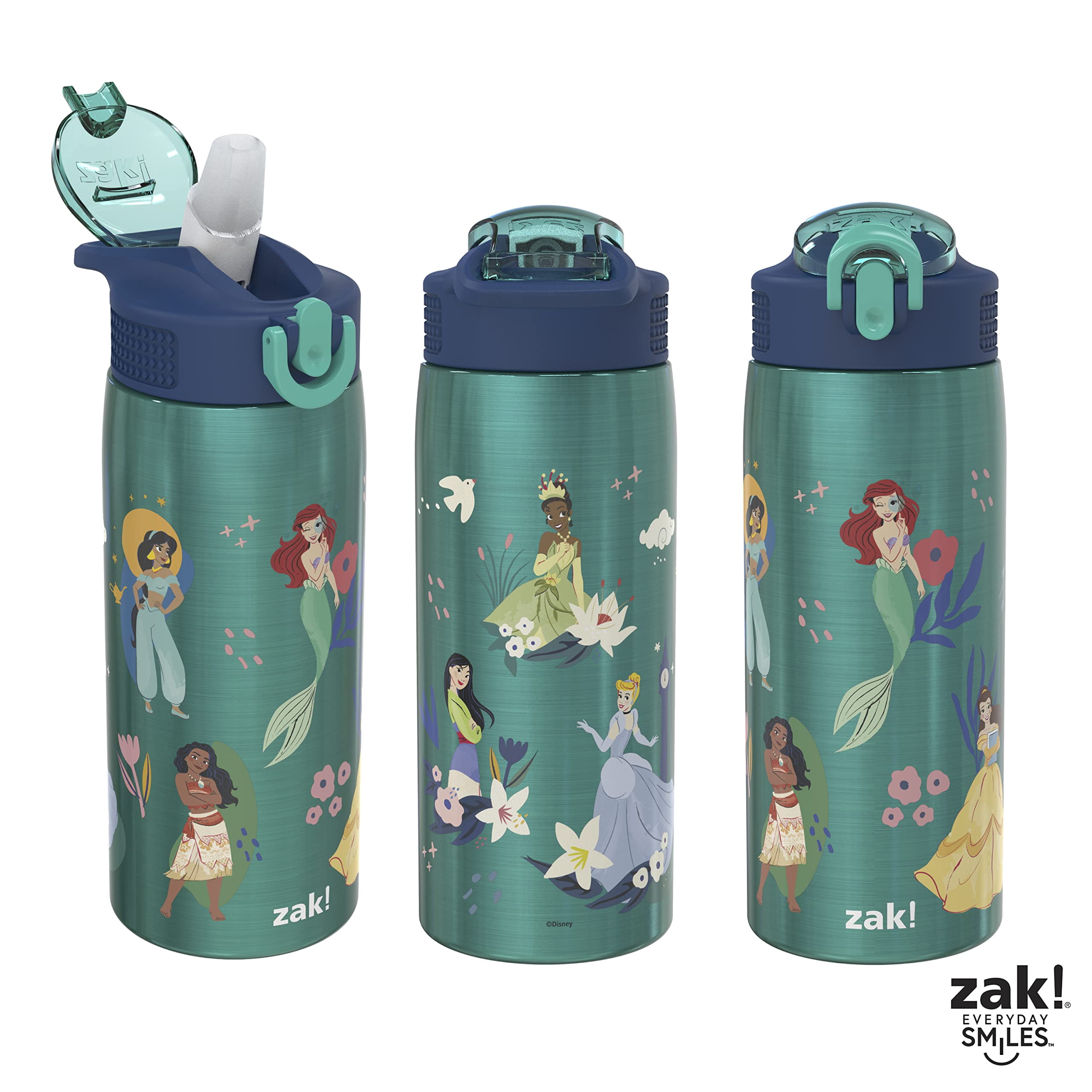 Zak Designs Disney Princess Water Bottle for Travel and At Home, 19 oz Vacuum Insulated Stainless Steel with Locking Spout Cover, Built-In Carrying Loop, Leak-Proof Design (Disney Princess)
