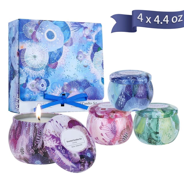 Velas aromáticas en frasco pequeño, 125g, pack de 4 con esencias de Naranja Sangrienta, Pera Francesa, Guisante Dulce y Flor de Loto.