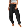 thumbnail image 1 of Pantalones harem con cintura elástica y lentejuelas para mujer: corte holgado, cintura media, bolsillos, pantalones bombachos informales de color liso para fiestas/uso diario, 1 of 4