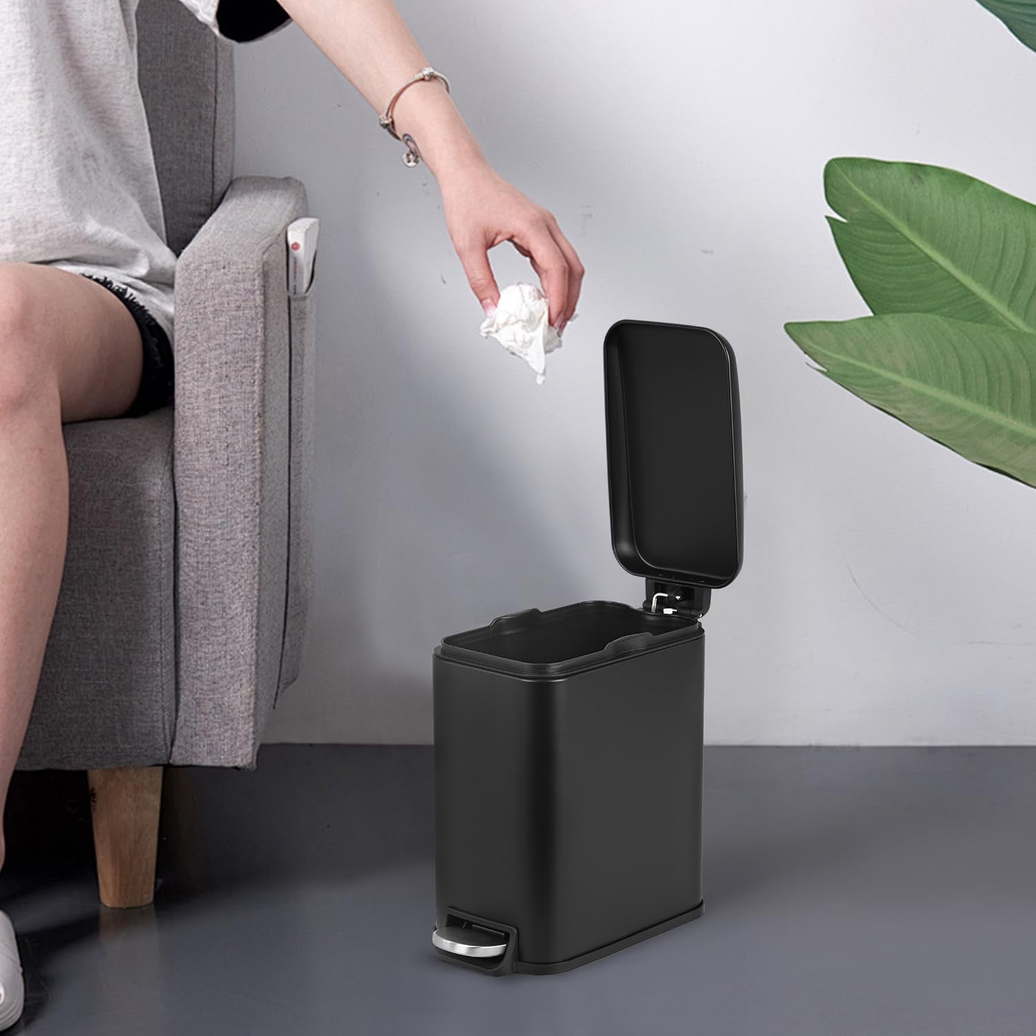 5 L / 1.3 Gallon Trash Can with Lid,Step Pedal Trash Bin Slim Trash Can Stainless Steel Garbage Can with Removable Inner Bucket for Small Spaces, Black (2 Pack)