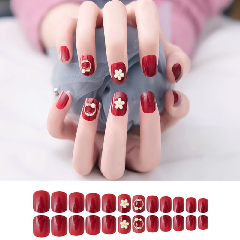 Fake Nails Burgundy Flower Short Wearing Nail Stickers Finished Nails 24pcs With Glue All Matched Walmart Com