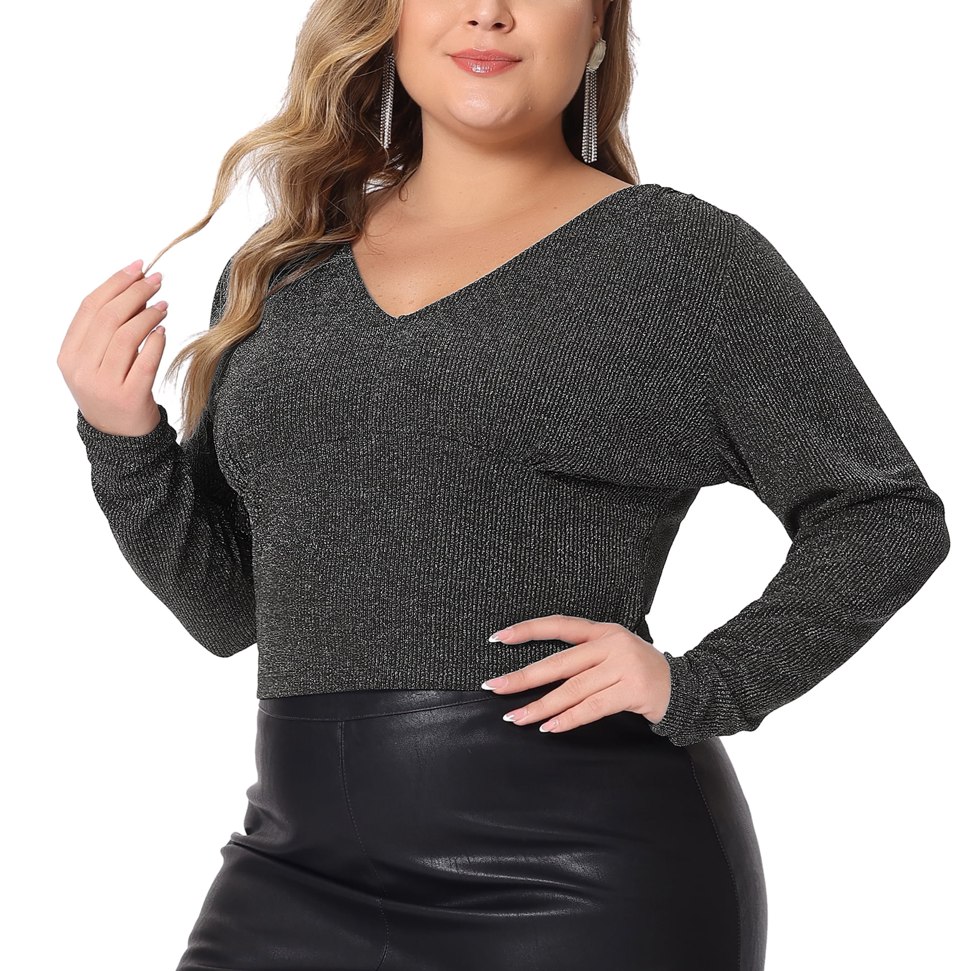 Unique Bargains Women Plus Size Top Metallic V Neck Long Sleeve Glitter Party Blouses Silver 1X