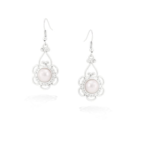 Rhodium-Plated Scroll with Pearl Drop Earrings