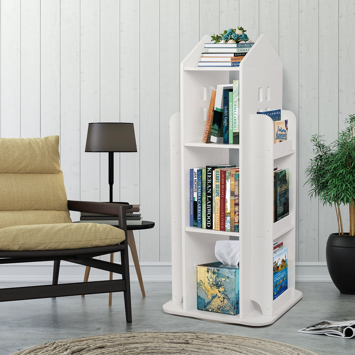 IAJXWI 3 Tier Rotating Bookshelf, 360° Floor-Standing Revolving Bookcase, House Shape Multi-Functional Reading Corner for Bedroom Study Living Room