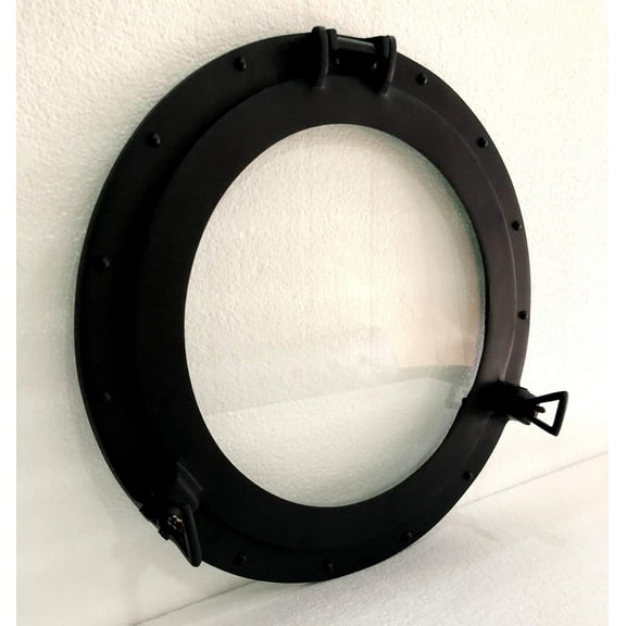 11.5" Antique Black Canal Boat Porthole-Window Ship Round Glass Wall Decor Porthole