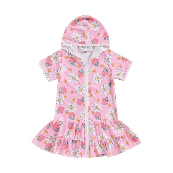 ZINTAOZT Toddler Baby Girl Swim Cover Up Terry Floral Zip Up Beach Bathing Suit Wraps Cute Hooded Bathrobe Pool Coverup