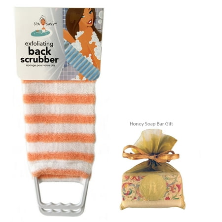 Exfoliating Back Scrubber Nylon Beauty Skin Bath Cloth Towel with Handles Orange with HONEY Soap Bar for Women and