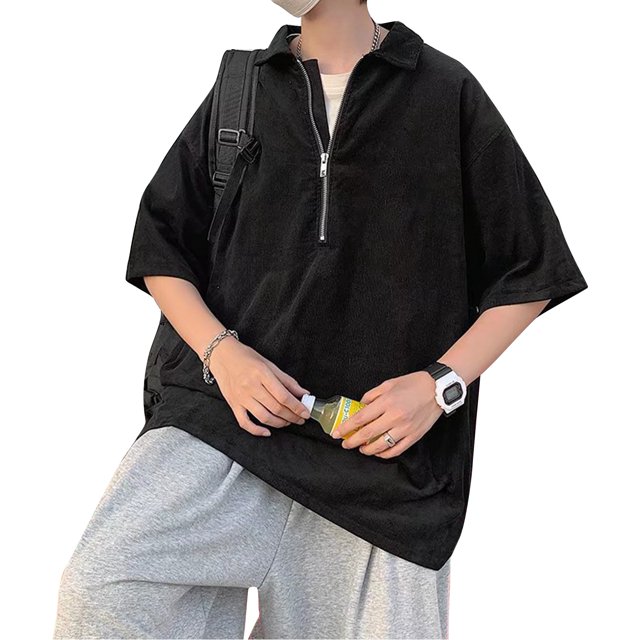 Camisa de manga corta bordada con cremallera para hombre Blusa superior con cuello vuelto informal simple para fiesta de citas