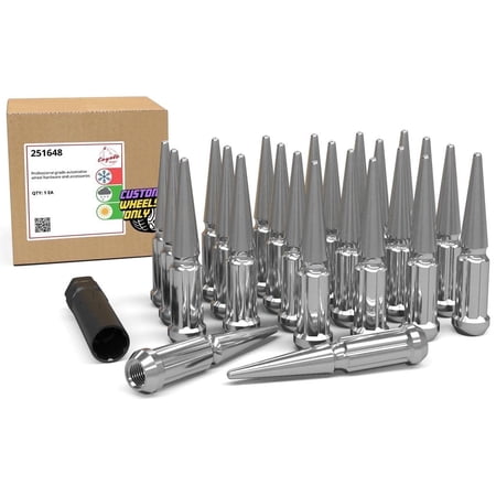 Wheel Accessories Parts 24 Pcs M14x1.5 14x1.5 Thread Spiked 4.4" Long Lug Nuts Chrome Truck Spline Hex Fits Chevy Silverado GMC Sierra Ford F-150 RAM 1500