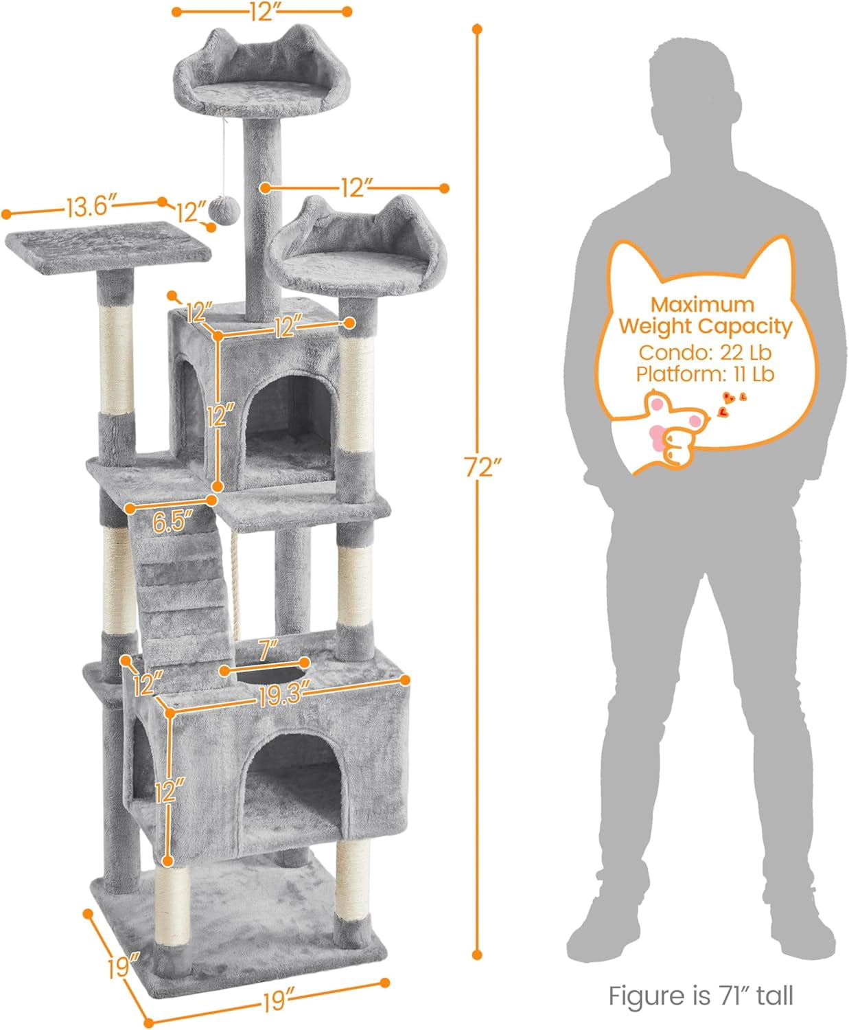 ZYPPP  XL Cat Tree, 72in Multi-Level Cat Tower with 2 Cozy Caves, 3 Soft Perches, Scratching Posts, Board, and Dangling Ball, Pet Furniture Play House for Kittens/Cats, Light Gray
