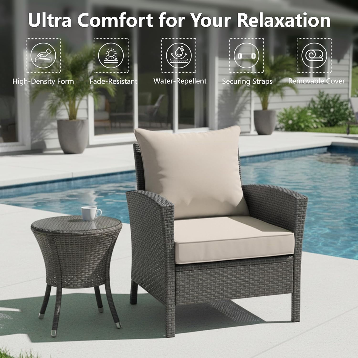 24x24 Inch Outdoor Chair Cushion with Removable Cover, Patio Furniture Cushion - Water-Repellent, Fade-Resistant, Non-Slip Bottom & Straps, Replacement for Deep Seat Sofa & Couch - Cream