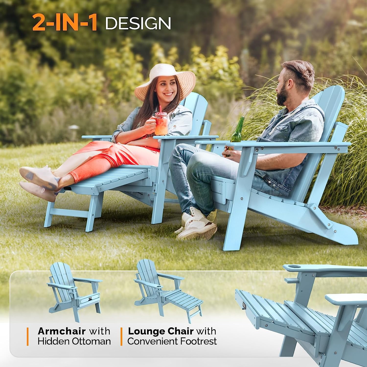 VINGLI Folding Adirondack Chair with Ottoman Waterproof Plastic HDPE Firepit Chair for Outside with Hidden Footrests Blue