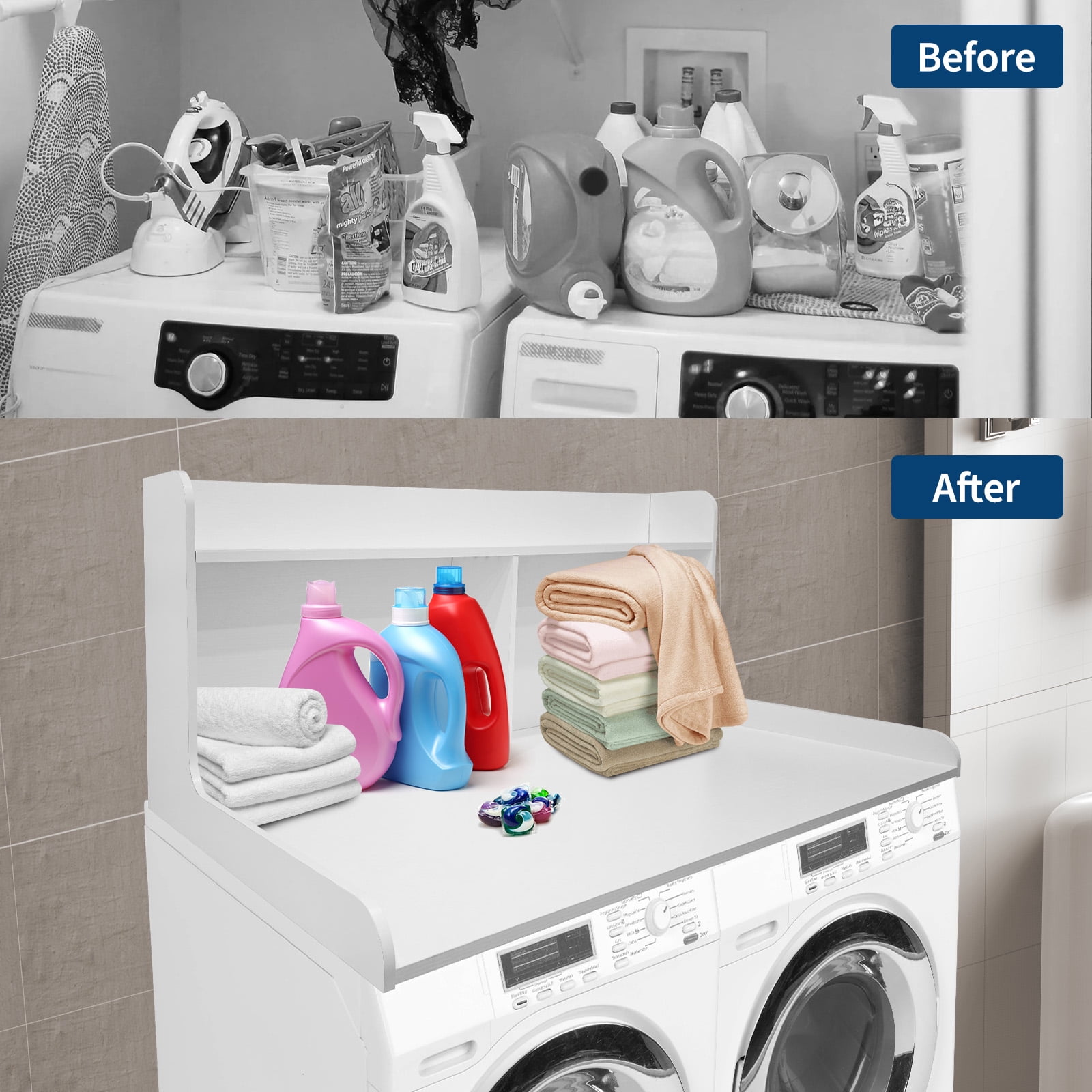 Washer and Dryer Top with 20" Shelf,Laundry Countertop,Universal Fit Washer Laundry Topper with Non-Slip Mat,Finish MDF Shelf for Laundry Room Organization,White
