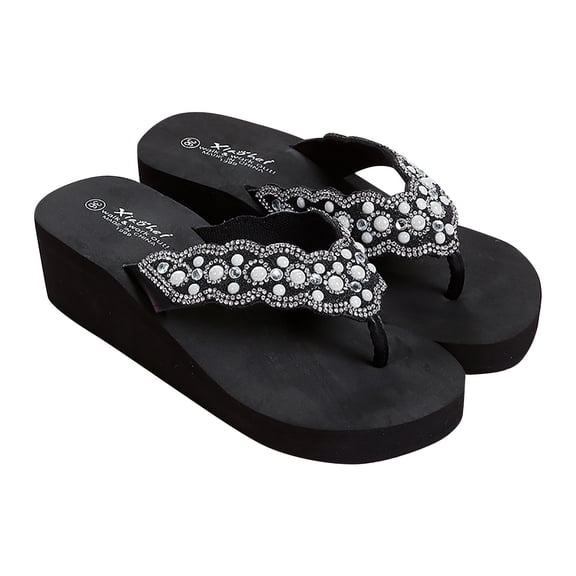 ShiShine Womens Thong Wedge Flip Flops with Pearl Rhinestone Summer Fashion Shoes for Beach Pool Party and Casual Outings