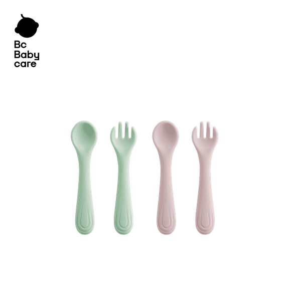 BC Babycare Toddler Silicone Forks Spoons, 4 Pack, Pink and Green,Baby Training Utensils for 6M