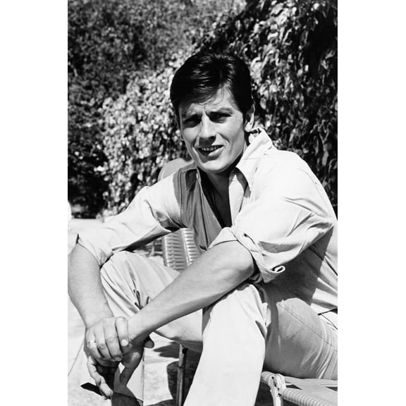 Alain Delon classic smiling 1960's in shirt sleeves seated by pool 24x36 Poster