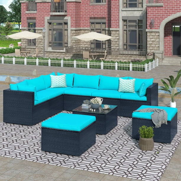 9 Pieces Outdoor Patio Furniture Sofa Set All Weather Pe Rattan Wicker Sectional Sets Modern Modular Couch Outside Conversation With Thick Removable Cushions And Glass Coffee Table Blue Com Pe Rattan Wicker Sectional Sofa Sets, Modern Modular Outdoor Furniture