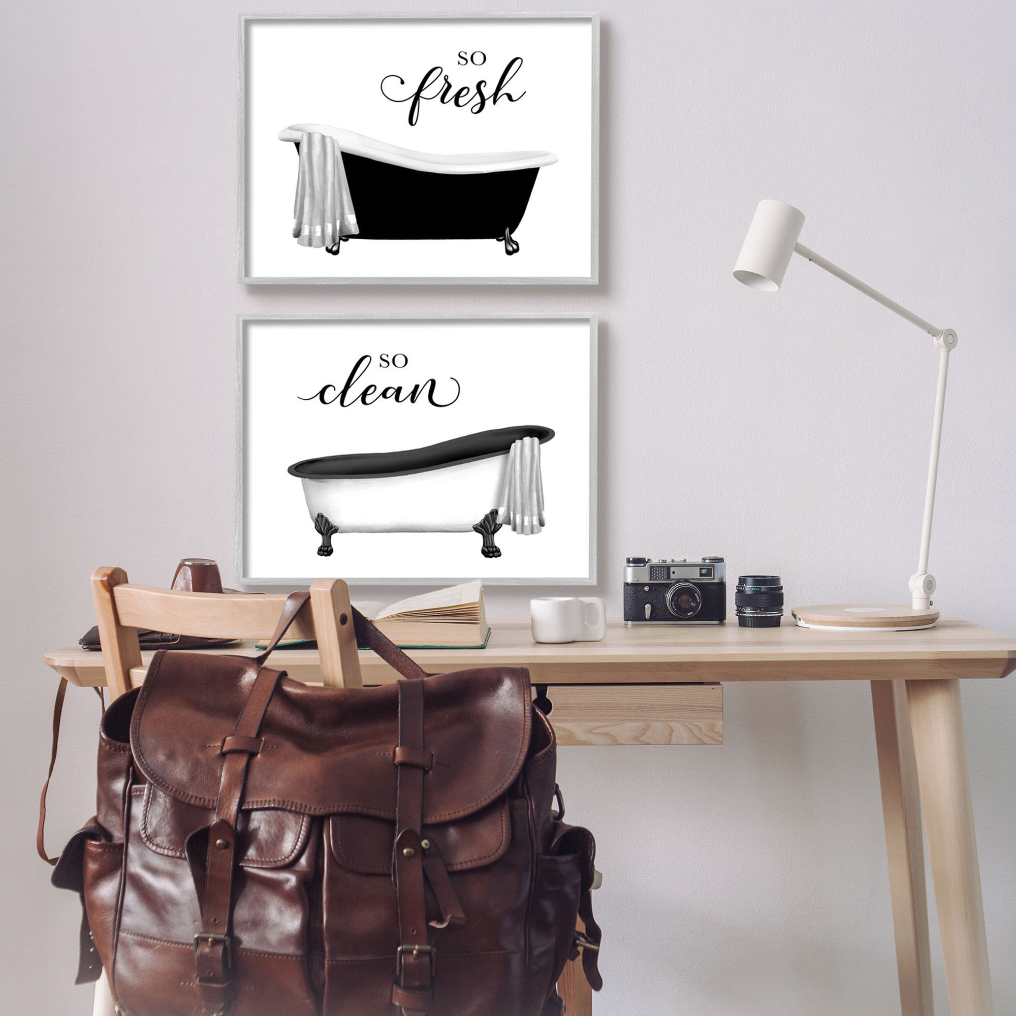 Stupell Industries So Fresh & Clean Bathtubs Typography Painting Gray Framed Art Print Wall Art, Set of 2