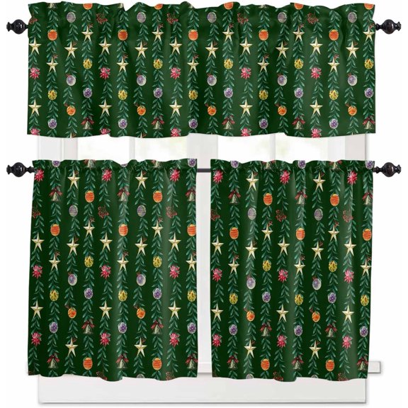 Christmas Green Kitchen Curtains and Valances Set, Rod Pocket Curtains Tier Farmhouse Window Curtains 24 Inch Length, Xmas Leaves Plants Ball Star Berry 3 Piece Kitchen Curtains Set