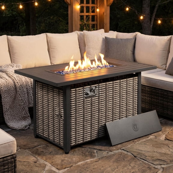 Nuu Garden 43’’ Propane Gas Fire Pit Rattan Outdoor Fire Pit Table 50,000 BTU Smokeless Gas Fire Pit with Lid and Glass Beads, Metal Tabletop Patio Fire Pit Table for Outside Patio Backyard, Brown