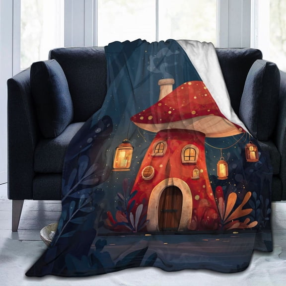 Mushroom Blanket Cottagecore Fantasy Forest House, Cozy Plush Blanket For Reading Nook, Artistic Night Scene Nature Throw, Great Gift For Fantasy Lovers 50x40