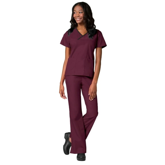 Maevn Core Women's Y-Neck Mock Wrap Top & Flare Leg Pant Scrub Set
