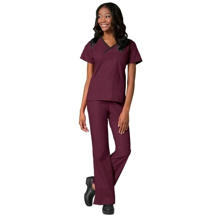 

Maevn Core Women s Y-Neck Mock Wrap Top & Flare Leg Pant Scrub Set