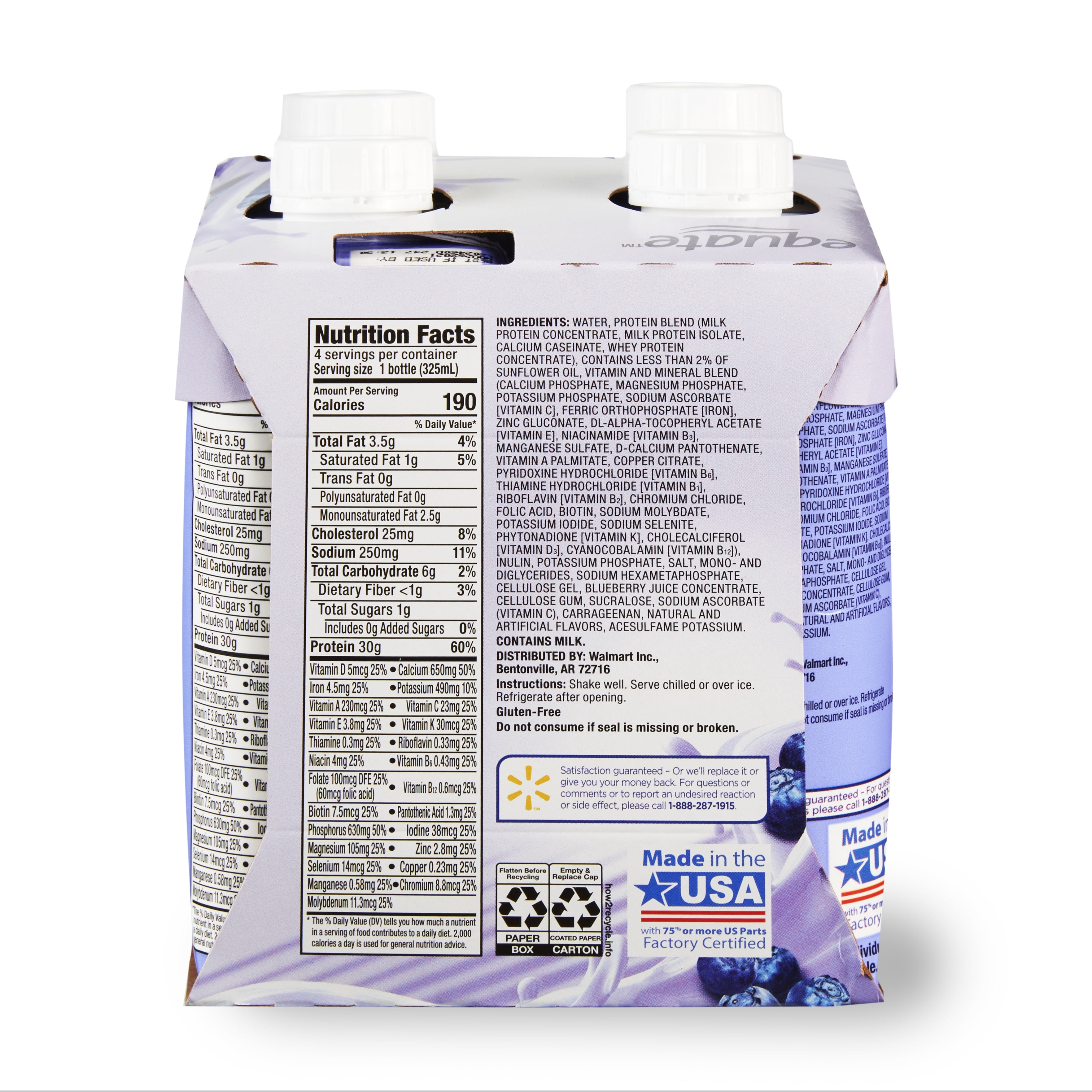 Equate High Performance Protein Nutrition Shake, Blueberries & Cream, 11 fl oz Bottles, 4 Count