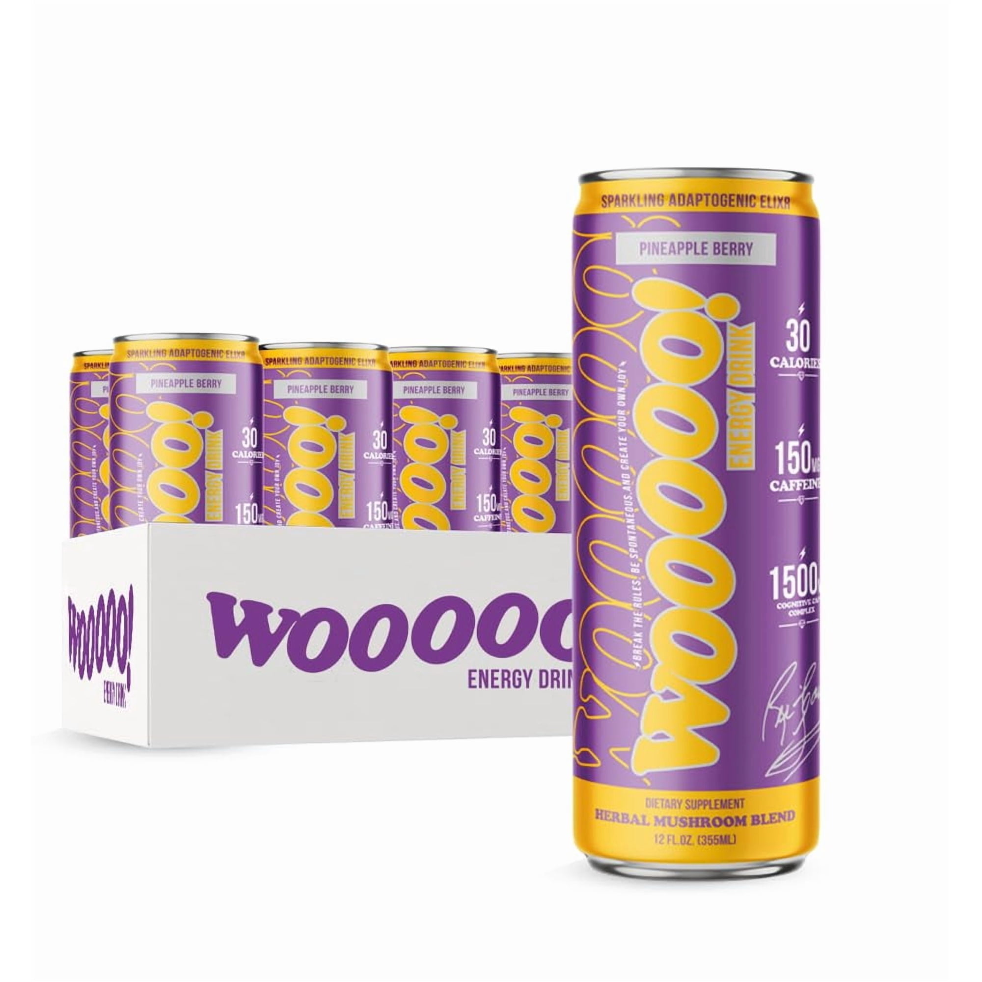 Wooooo! Energy Ric Flair Sparkling Adaptogenic Mushroom Energy Drink | Natural Antioxidants & Nootropics | Lion’s Mane & Cordyceps | 150mg Caffeine | 12 Pack (Pineapple Berry)