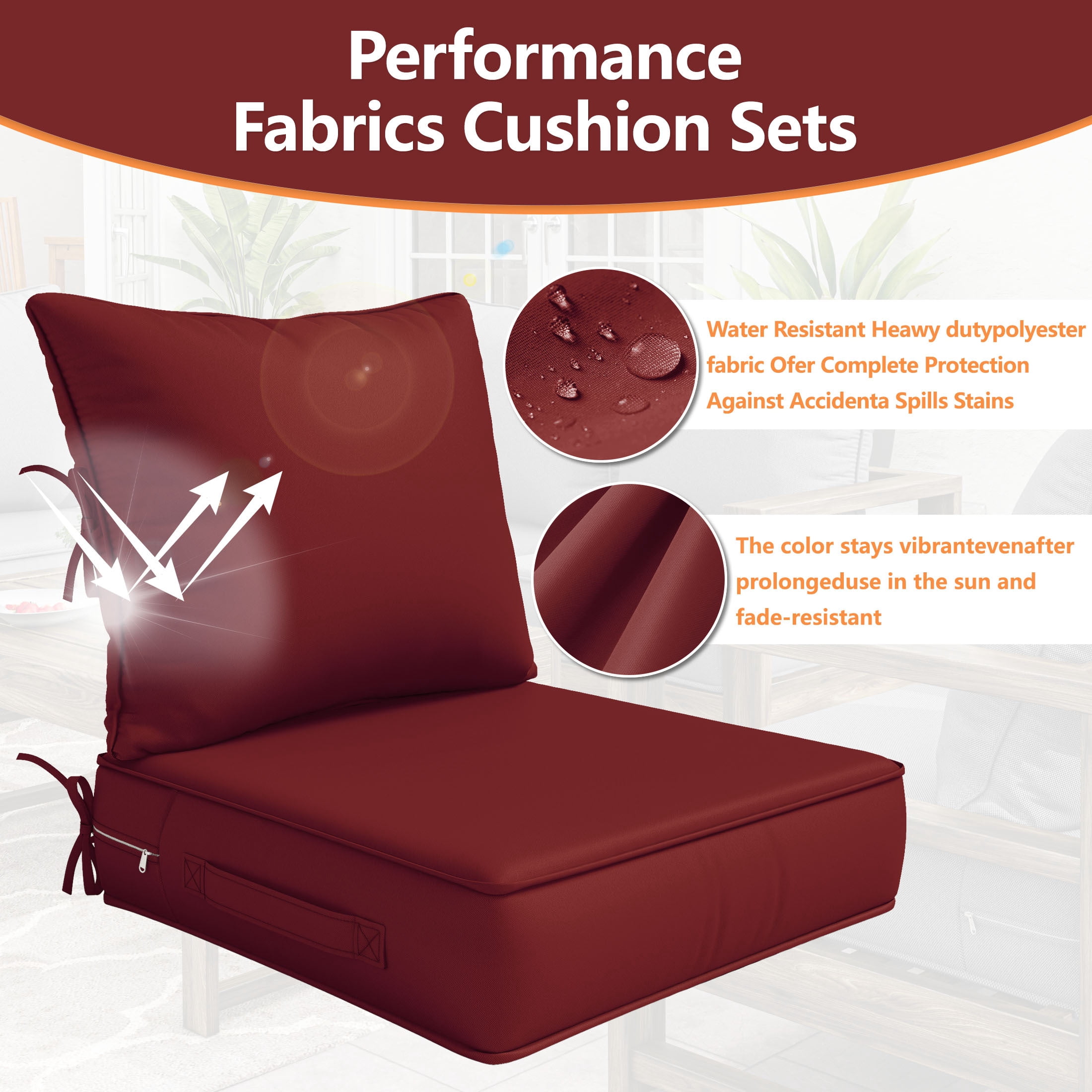 Kimunuk Outdoor Deep Seat Cushion Set for Patio Furniture, Splash-Proof & Fade Resistant, 22" L X 24" W X 5" H,Burgundy