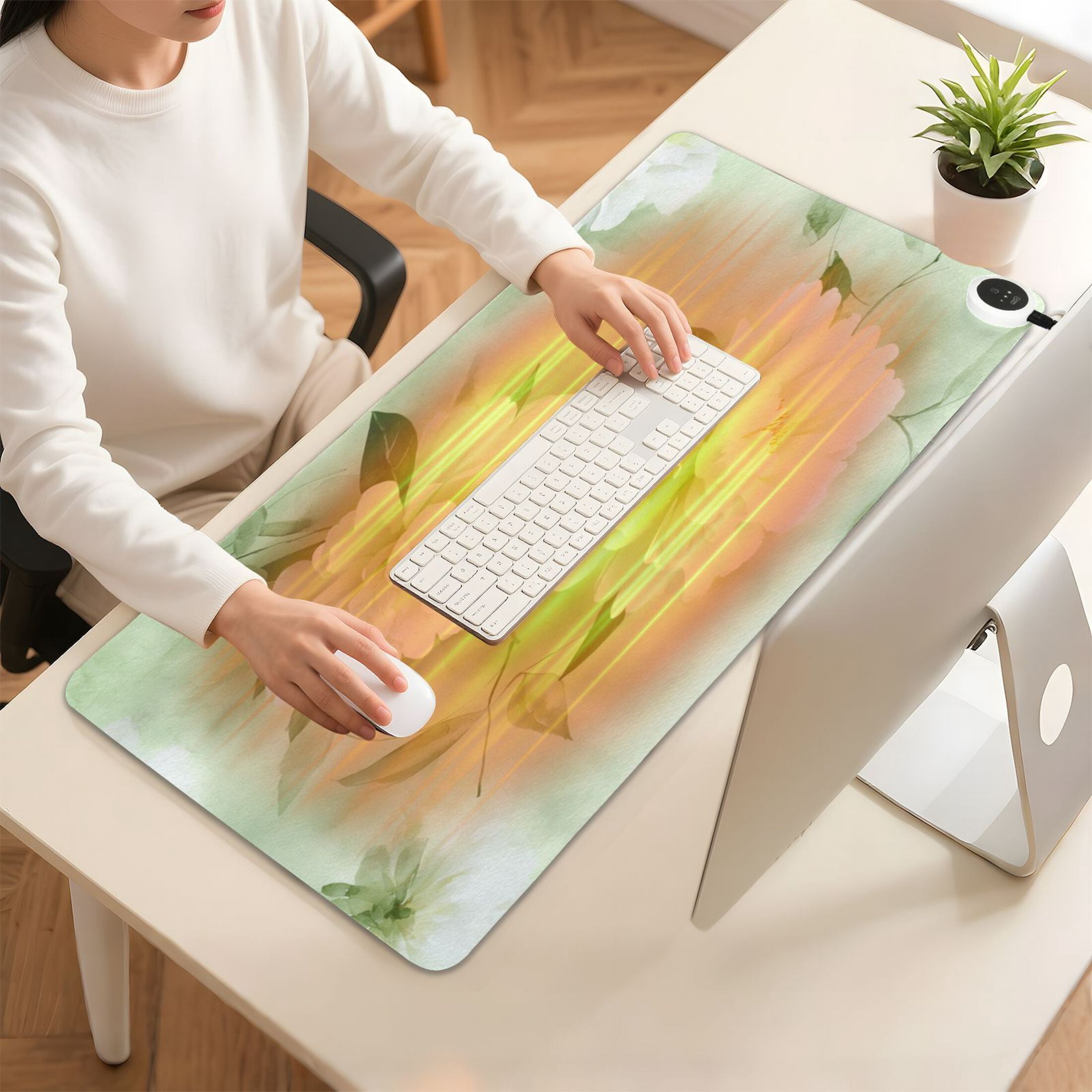 Large Heated Desk Mat Mouse Pad 31.5"x13"PU Leather Graphene Heating Desk Warmer with 3 Temperature Settings 110V US Plug Non-Slip Warm Pad for Home, Office, and Gaming Serene Mint Peony Blooms