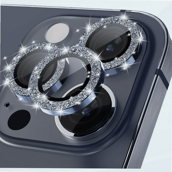 for iPhone 15 Pro - iPhone 15 Pro Max Camera Lens Protector Bling, HD Clear Aluminum Alloy Individual Ring, 9H Tempered Glass Camera Back Screen Protection Film, Glitter Blue