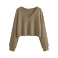 thumbnail image 6 of XRoczxe Women’s V‑Neck Long Sleeve Waffle Knit Crop Top, Casual Solid‑Color Loose Cropped Pullover Shirt, 6 of 9