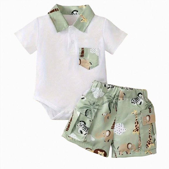 CAICJ98 Infant Toddler Baby Boy Summer Clothes 0 3 6 12 18 Months Boys Outfits Striped Short Sleeve Romper With Pocket Buttons Shorts Set (White,9-12 Months)