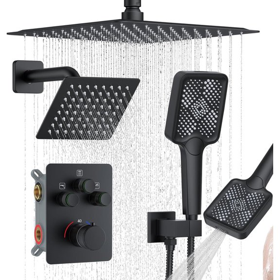 KOJOX Matte Black Thermostatic Shower System, Push Button Diverter Shower Faucet Set with 12" Ceiling Mount Rain Shower, 6" Wall Mount Shower Head, and 4-in-1 Handheld Spray