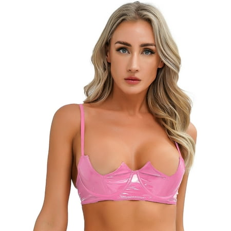 Yeahdor Womens Half Cup Bra Underwired Brassiere Exotic Wet Look Patent Leather Bralette Lingerie Hot Pink L