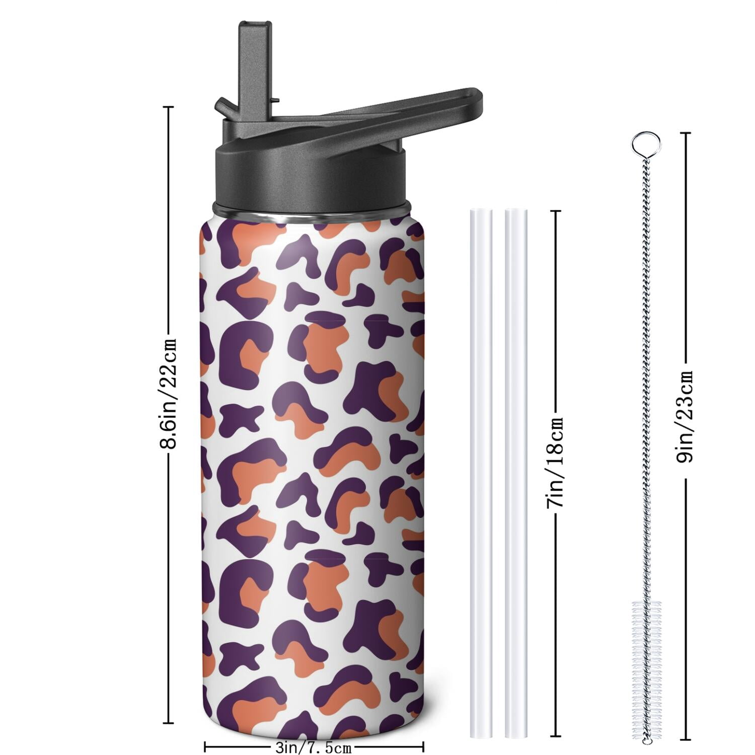 Leopard Print Insulated Stainless Steel Water Bottle with Straw & Cleaning Brush – 18 Oz | Leakproof, BPA-Free, 304 Stainless Steel, Wide Mouth, Travel Mug for Car, Gym, Office